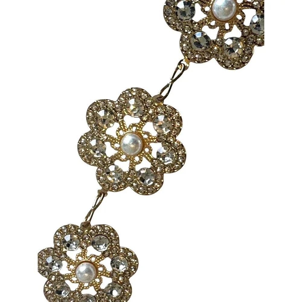 Vintage Crystal Rhinestone Flower Chain Belt Women Gold Bridal Sparkle